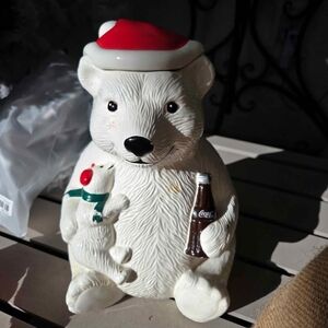 Coca Cola Polar Bear Cookie Jar with Red Hat and Green Scarf
